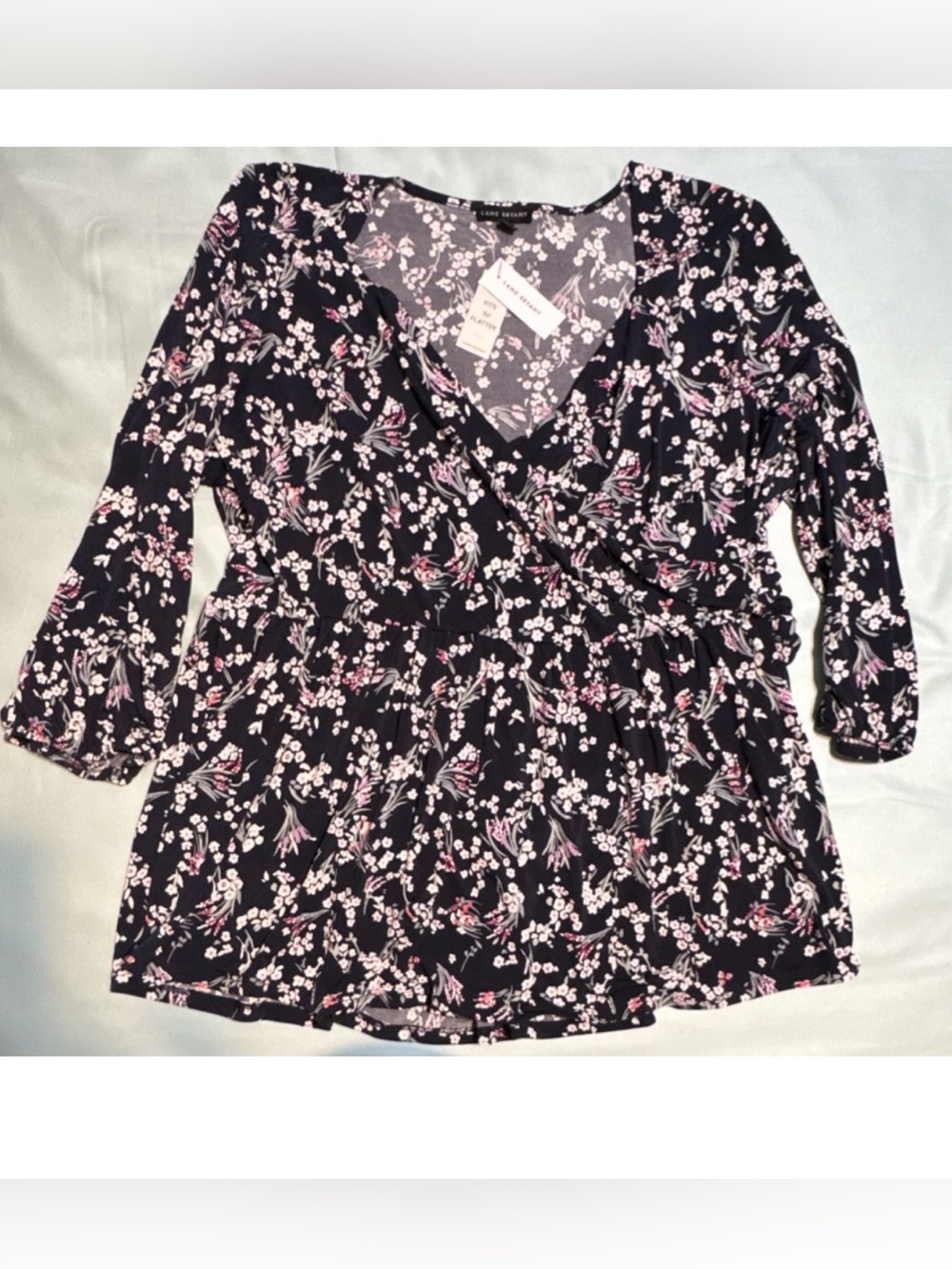 Lane Bryant Floral Wrap Blouse V-Neck 3/4 Sleeve 22/24 Plus Navy Floral